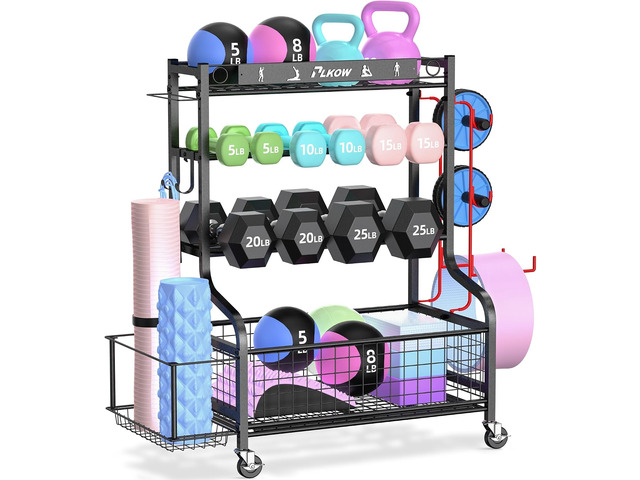 PLKOW Dumbbell Rack, Weight Rack for Home Gym Storage with Wheels and Hooks