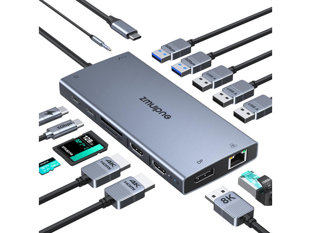 USB C Docking Station Dual Monitor Laptop Docking Station 2 HDMI 4K DP 8K 15 in 1 Docking Station 3 Monitors with 100W PD 6 USB A/C Ports Button...