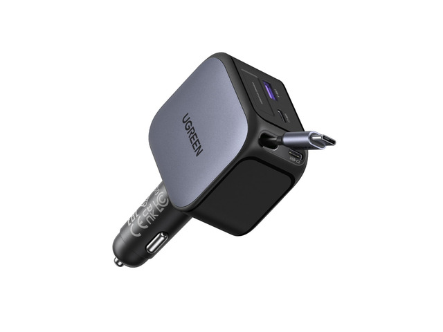 UGREEN 145W 4-Port Retractable Car Charger with 60W Retractable Cable 2 USB-C 1 USB-A, For iPhone 18 Pro Max 18 Duo 17 16 15 14 13 12 series,...