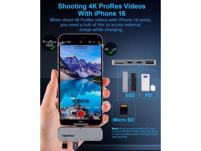 USB C iPhone Hub for ProRes Video Recording - Ultra-Slim Aluminum USB 3.2, Dual USB-C, Micro SD, and Charging Port Hub for iPhone 17/16/15 Pro/Pro Max