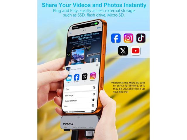 USB C iPhone Hub for ProRes Video Recording - Ultra-Slim Aluminum USB 3.2, Dual USB-C, Micro SD, and Charging Port Hub for iPhone 17/16/15 Pro/Pro Max