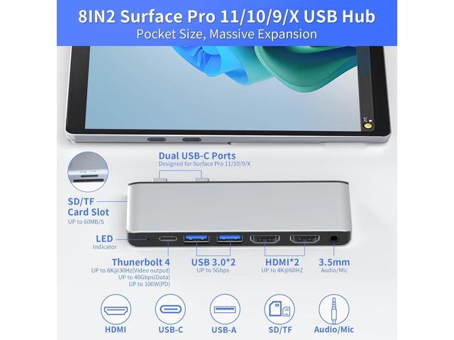 Surface Pro 11 Accessories Docking Station with Dual 4K@60Hz HDMI, USB-C Thunerbolt 4 (Display+Data+100W Charging), 2 USB 3.0, SD/TF, 3.5mm Mic,...