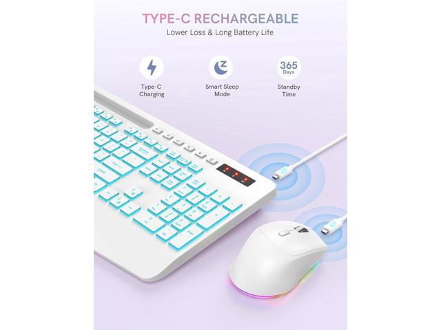 Trueque Wireless Keyboard and Mouse Combo with 7 Colored Backlits, Wrist Rest, Rechargeable Ergonomic Keyboard with Phone Holder, Silent Lighted...