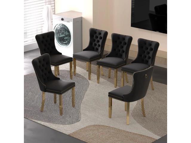 Sumdeal Velvet Dining Chairs Set of 6, Tall Back Side Chair, Modern Upholstered High-end Tufted Side Chair with Button Back Ring,Black with Golden Leg