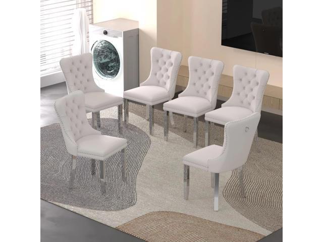 Sumdeal Velvet Dining Chairs Set of 6, Tall Back Side Chair, Modern Upholstered High-end Tufted Side Chair with Button Back Ring,Beige with Silver Leg