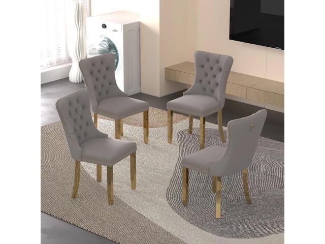 Sumdeal Velvet Dining Chairs Set of 4, Tall Back Side Chair, Modern Upholstered High-end Tufted Side Chair with Button Back Ring,Gray with Golden Leg
