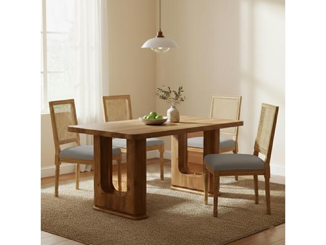 Sumdeal,5/7-piece,64.5-inch dining and chair set, featuring a modern wood-grain dining table and beige/grey upholstered farmhouse-style,French...