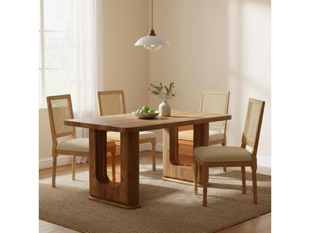 Sumdeal,5/7-piece,64.5-inch dining and chair set, featuring a modern wood-grain dining table and beige/grey upholstered farmhouse-style,French...
