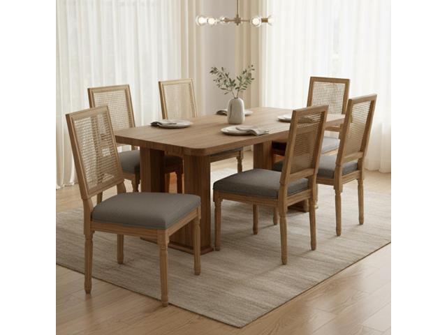 Sumdeal,5/7-piece,64.5-inch dining and chair set, featuring a modern wood-grain dining table and beige/grey upholstered farmhouse-style,French...