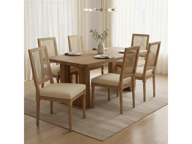 Sumdeal,5/7-piece,64.5-inch dining and chair set, featuring a modern wood-grain dining table and beige/grey upholstered farmhouse-style,French...