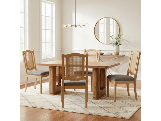 Sumdeal,5/7-piece,64.5-inch dining and chair set, featuring a modern wood-grain dining table and beige/grey upholstered farmhouse-style,French...