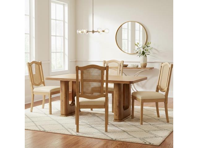 Sumdeal,5/7-piece,64.5-inch dining and chair set, featuring a modern wood-grain dining table and beige/grey upholstered farmhouse-style,French...