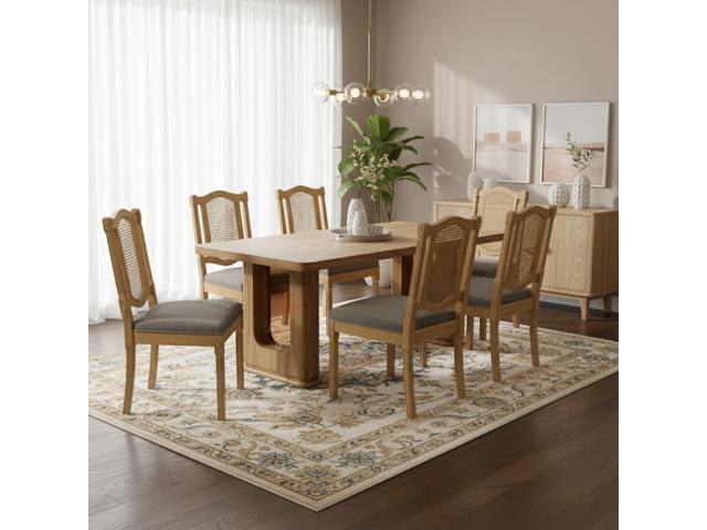 Sumdeal,5/7-piece,64.5-inch dining and chair set, featuring a modern wood-grain dining table and beige/grey upholstered farmhouse-style,French...