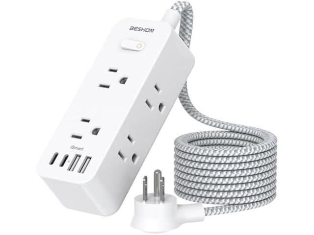Power Strip Surge Protector, BESHON 5Ft Extension Cord, 6 Outlets with 4 USB Ports (2 USB C Outlet), 3-Side Outlet Extender, Wall Mount, Compact...