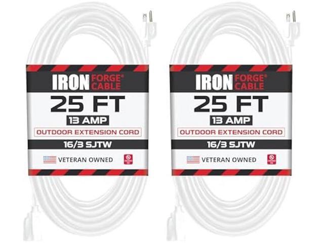 Iron Forge Cable 2 Pack Weatherproof 25 Ft Outdoor Extension Cord - 16/3 SJTW Heavy Duty White Extension Cord 3 Prong - 13 Amp Exterior Power Cable