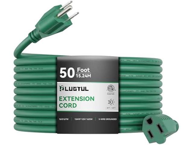 PLUGTUL 50 FT Outdoor Extension Cord Waterproof 16/3 Green Heavy Duty 3 Prong Extension Cord, 13A 1625W SJTW, ETL Listed, Great for Garden and Home