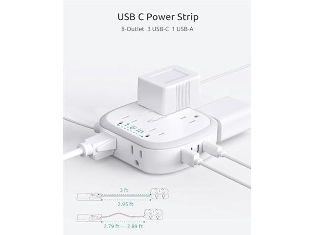 Outlet Cover Extension Cord Short 3ft, NUTICT Flat Plug Power Strip with 8 Outlets & 3 USB-C & 1 USB-A Port, 13A/1625W, 1440J Surge Protector,...