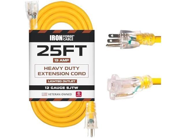 IRON FORGE CABLE 25 ft Lighted Outdoor Extension Cord - 12/3 SJTW Heavy Duty Yellow Extension Cable Extension Cable with 3 Prong Grounded Plug for...