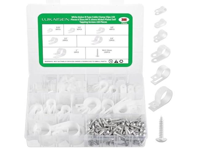 300PCS White Cable Clamps Assortment Kit, Nylon Plastic R-Type 6 Sizes 3/16'' 1/4'' 3/8'' 1/2'' 3/4'' 1'' Cable Mounting Wire Clips Fastener with...