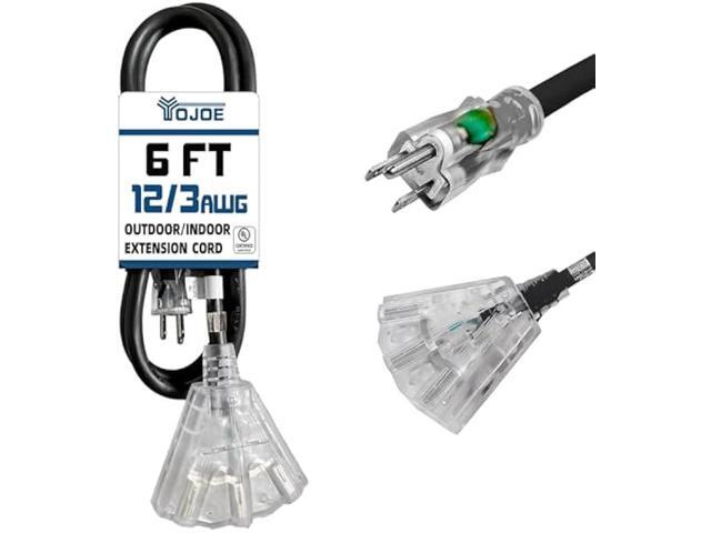 YOJOE 3-Outlets Indoor Outdoor Extension Cord with Lighted End, 3 Prong 15A Weatherproof Power Cord, 12 Gauge Heavy Duty 6 ft Black Extension Cord...