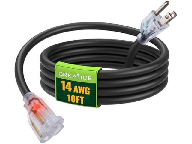 10 Ft 14/3 Lighted Outdoor Extension Cord - 14 Gauge SJTW Heavy Duty Black Extension Cable with 3 Prong Grounded Plug, Great for Lawn, Garden,...