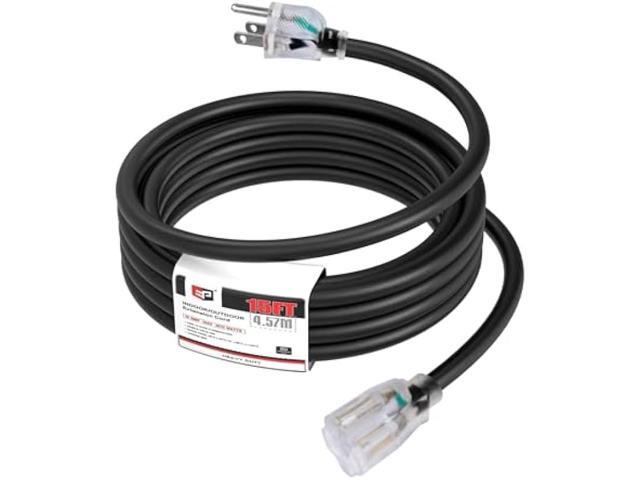 EP 15Ft 14/3 Lighted Outdoor Extension Cord - 14 Gauge 3 Prong SJTW Heavy Duty Black Extension Cable with 3 Prong Grounded Plug for Safety,Great...