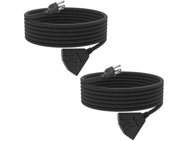 2 Pack 15 Ft Outdoor Extension Cord with 3 Electrical Power Outlets - 16/3 SJTW Black Cable with 3 Prong Grounded Plug