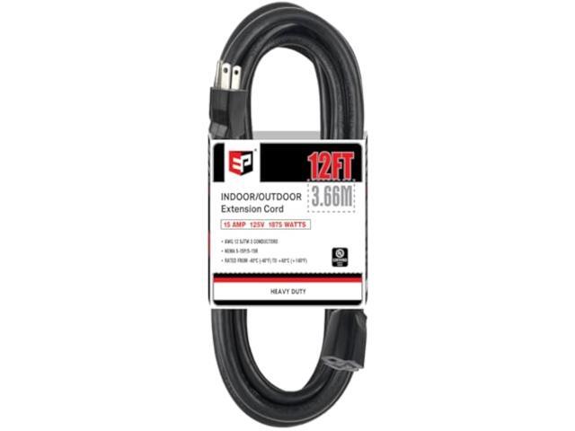 EP 12 Ft Outdoor Extension Cord - 12/3 SJTW Heavy Duty Black Extension Cable with 3 Prong Grounded Plug - Power Cord for Lawn, Garden, Appliances
