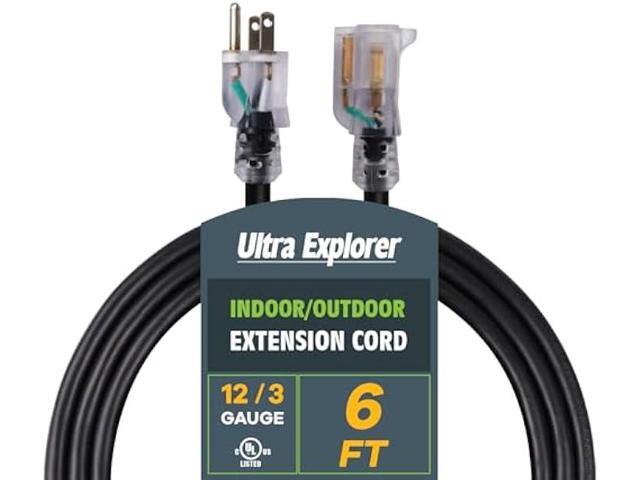 Indoor Outdoor Extension Cord Waterproof 6 FT, 12 Gauge Heavy Duty Black Extension Cord SJTW, Flexible Cold-Resistant 3 Prong Grounded Power Cord...