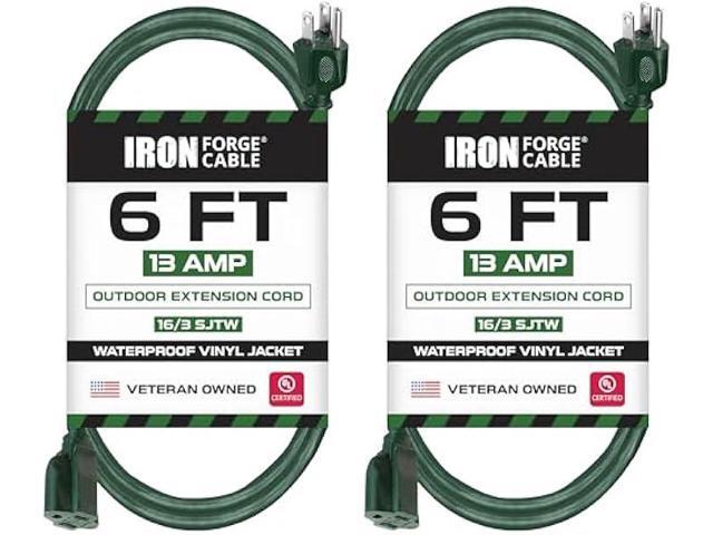 Iron Forge Cable 2 Pack Weatherproof 6 Ft Outdoor Extension Cord - 16/3 SJTW Heavy Duty Green Extension Cord 3 Prong - 13 Amp Exterior Power Cable