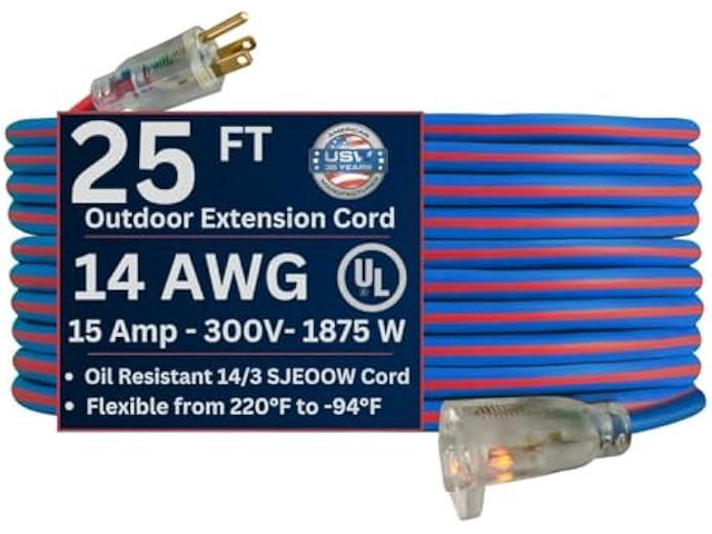 US Wire 98025 14/3 25-Foot SJEOW TPE Cold Weather Extension Cord Blue with Lighted Plug