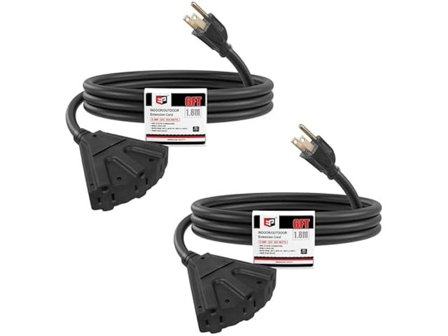 EP 2 Pack 6 Ft Outdoor Extension Cord with 3 Electrical Power Outlets - 16/3 SJTW Black Cable with 3 Prong Grounded Plug for Safety Great for...