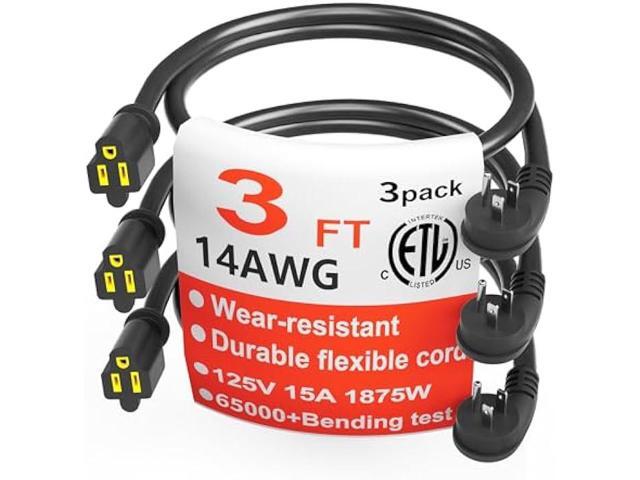 HUANCHAIN 14 Gauge 3 Feet (3 Pack) Flat Plug Extension Cord Black Indoor Outdoor, Heavy Duty 3 Prong Grounded Low Profile Extension Wire Flexible,...