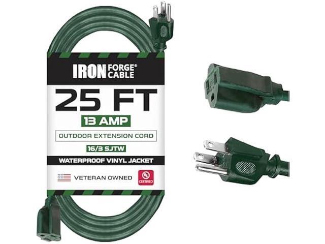 Iron Forge Cable Weatherproof 25 Ft Outdoor Extension Cord - 16/3 SJTW Heavy Duty Green Extension Cord 3 Prong - 13 Amp Exterior Power Cable