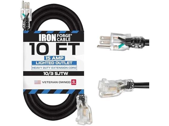 Iron Forge Cable 10 ft Lighted Outdoor Extension Cord - 10/3 SJTW Heavy Duty Black Extension Cable with 3 Prong 15 AMP Grounded Plug for Safety