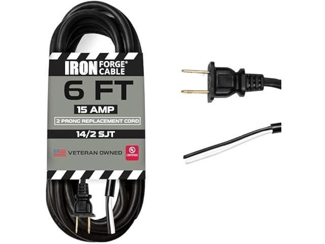 Iron Forge Cable 15 Amp Power Cord Replacement Two Prong Polarized Plug with Open End - 6 ft Black Extension Cable, 14 Gauge - 2 Wire 14/2 SJT