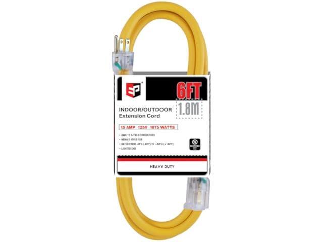 EP 6 ft Lighted Outdoor Extension Cord - 12/3 SJTW Heavy Duty Yellow Extension Cable with 3 Prong Grounded Plug - 15AMP Power Cord for Lawn,...