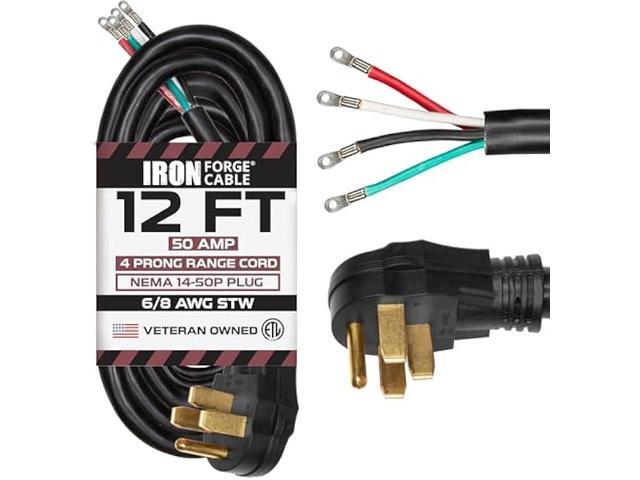 Iron Forge Cable 4 Prong Black Range Power Cord 12 ft - 50 Amp RV Extension Cord - Heavy Duty 6/8 AWG - NEMA 14-50P Flat Plug 4 Wire EV Cord