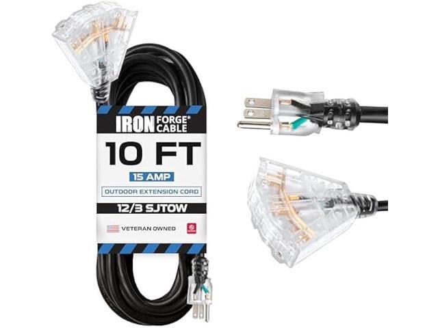 Iron Forge Cable 12 Gauge Extension Cord with Multiple Outlets - Black Heavy Duty Extension Cord 10 ft - 12/3 SJTOW, 3 Prong Lighted Outlet Cords