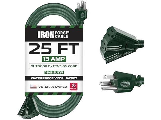 IRON FORGE CABLE 25 Foot Outdoor Extension Cord with 3 Electrical Power Outlets - 16/3 SJTW Durable Green Extension Cable with 3 Prong Grounded...