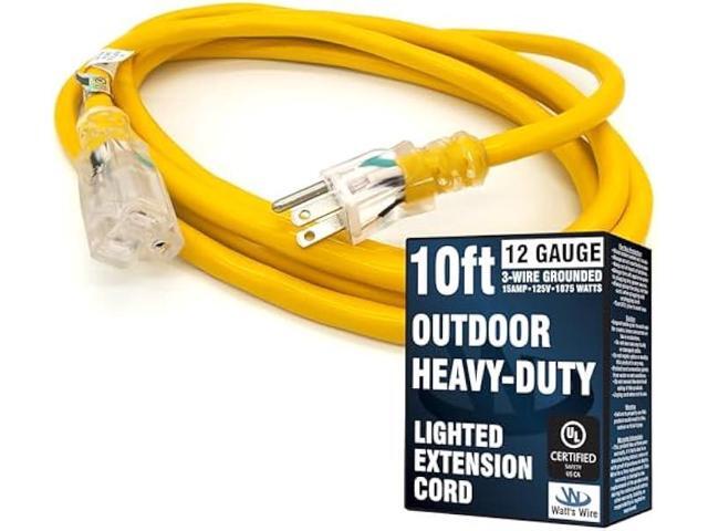 10 ft Outdoor Extension Cord Waterproof - 12 Gauge Heavy Duty Extension Cord - Lighted Outdoor Extension Cords - Watts Wire - 10' Grounded -...