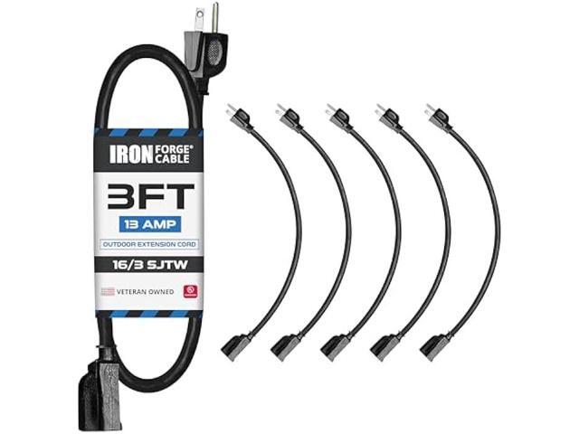 Iron Forge Cable 5 Pack 3 Ft Black Extension Cord, 16/3, 3 Foot Short Extension Cord, 3 Prong, Weatherproof - Great for Outside Use