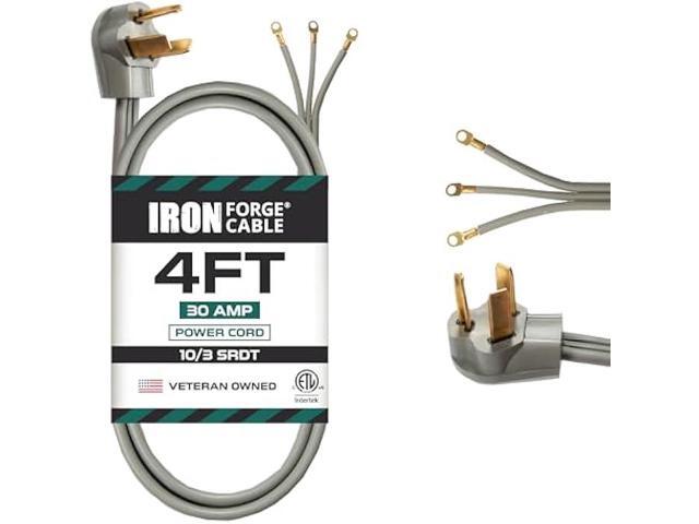 Iron Forge Cable 3 Prong Dryer Extension Cord 4 Ft, 125V/250V Cord NEMA 10-30 Plug SRDT, 10/3 Dryer Cable Flat Head, 30 Amp 3 Wire 4 Foot - Gray