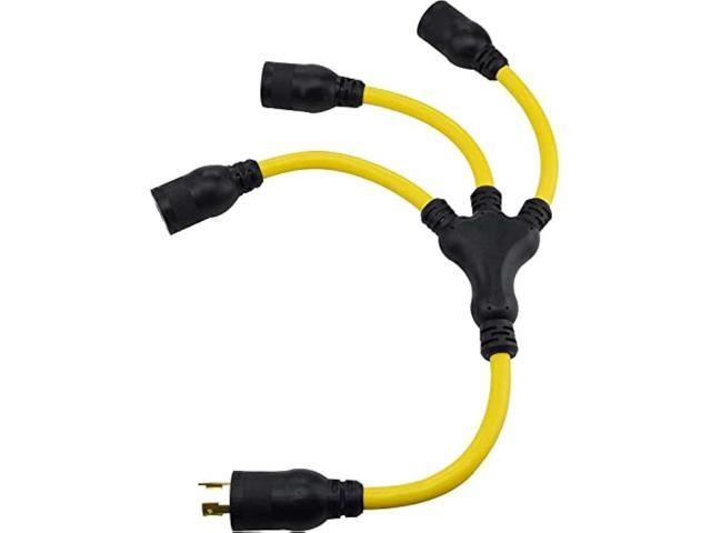 Clear Power 20Amp 2ft(Short) 3 Outlet Extra Heavy Duty Generator Extension Cord Adapter with W Splitter, 20Amp 3 Prong Twist Lock Plug, Water &...
