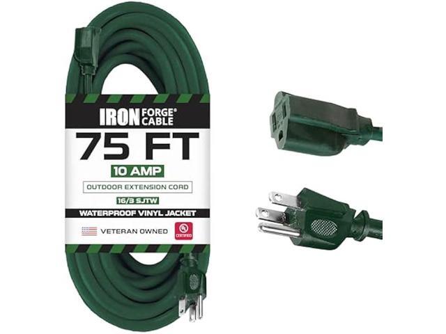 Iron Forge Cable Weatherproof 75 Ft Outdoor Extension Cord - 16/3 SJTW Heavy Duty Green Extension Cord 3 Prong - 10 Amp Exterior Power Cable