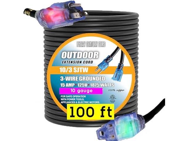 100 ft Extension Cord 10/3 10 Gauge Outdoor Heavy Duty Power Cable, 15 Amp 1875W, Waterproof SJTW with Lighted End, 3-Prong, Indoor/Outdoor...