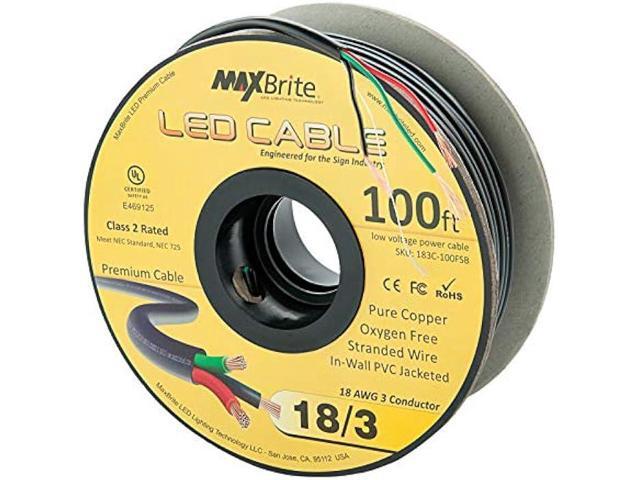 100 ft. 18AWG Low Voltage LED Cable 3 Conductor Black Sleeve in-Wall Speaker Wire UL/cUL Class 2 Certified