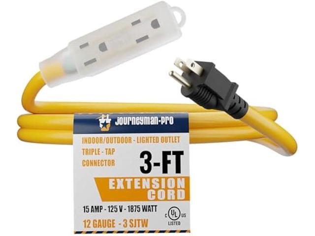 Lighted Outdoor Extension Cord - Heavy Duty Yellow Power Cable Splitter by Journeyman-Pro 3-Prong NEMA 5-15P to Three Electrical Outlets (Inline...