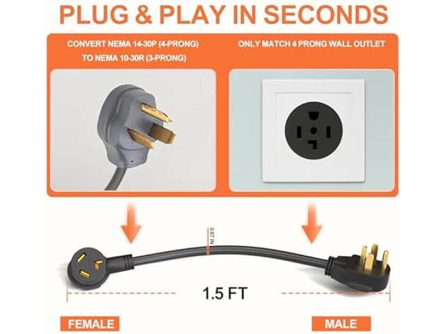 3 Prong to 4 Prong Dryer Adapter, 1.5FT Dryer Plug Adapter 3 to 4 Prong Outlet Cord Converter, NEMA 14-30P to 10-30R 10AWG Copper Wire 30A 250V...