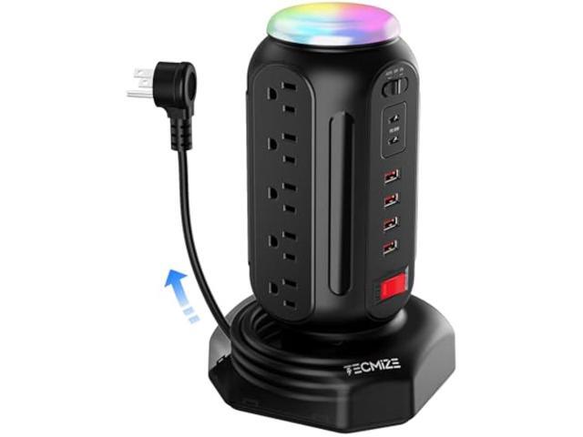 Multiple Plug PD 30W Fast Charging Power Strip, with Surge Protector, RGB Night Light, 15 Outlets Power Tower, 2 Type C and 4 USB Ports, Space...
